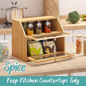 Boîte à pain en bois double couche personnalisée avec fenêtre transparente Bac de stockage des aliments de cuisine avec couvercle transparent et logo personnalisé - Product Image 4