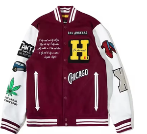 Chaquetas de béisbol personalizadas para hombre de alta calidad con logotipos bordados y parches de chenilla, diseño de retazos con cuello levantado - Product Image 5