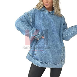 แจ็กเก็ตมีฮู้ดผ้าเดนิมแบบสวมหัวลำลองเสื้อแจ็กเก็ตมีฮู้ดสไตล์ยีนส์ย้อนยุคมีกระเป๋าด้านหน้าและฮู้ดแบบมีเชือกรูด - Product Image 1