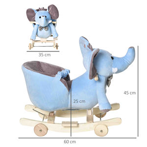HOMCOM 60x35x45 cm Éléphant en peluche bleu Jouet à bascule en bois et en acier avec roues et ceinture pour poussettes - Product Image 3