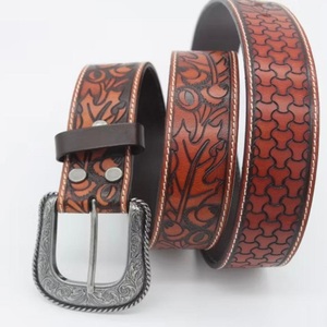 Full Grain Cowhide Men's Fashion Western Leather <b>Tooling</b> Belt with floral <b>engraved</b> brass buckle <b>tooled</b> leather belt - Product Image 3