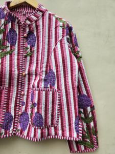 Chaqueta de invierno con estampado de flores a mano, ropa de mujer, chaqueta Kantha India blanca y rosa, Abrigo acolchado de algodón, bohemio, hippie - Product Image 3