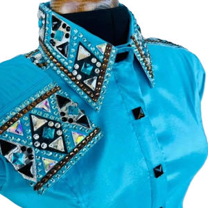 Camisa hecha a mano de Cowgirl Western Show en blanco impreso en tela de tafetán elástica para uso ecuestre - Product Image 1