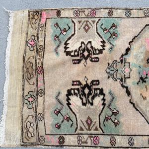 Vintage Eco Friendly Rug 1.6x3.3 ft <b>Brown</b> Green Patchwork <b>Wool</b> Turkish Rug with Latex Backing - Product Image 3