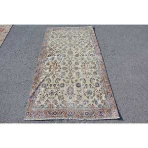 Vintage Turkish Rug Classic Beige Blue 3.9 X 7.5ft Handmade Wool Patchwork Rectangular Hallway Design for Living Bedroom Latex - Product Image 1