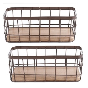 ตะกร้าเก็บลวดโลหะสไตล์อเมริกันทรงสี่เหลี่ยมพร้อมฐานไม้สีน้ำตาลภายในปรับขนาดได้ตามต้องการใช้ในห้องครัวในบ้าน - Product Image 2