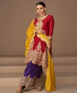 最新正式服装亚麻Salwar Kameez，配有传统支票印花和复杂的序列工作网顶Palazzo Dupatta套装