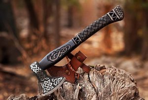 Wholesale Customized OEM ODM Cutlery Factory Handmade High Carbon Steel <b>Axe</b> <b>Wood</b> Handle Outdoor Camping <b>Axe</b> with Leather Sheath - Product Image 2