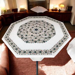 Table à manger octogonale en marbre blanc de grande taille, sculptée à la main, incrustée de pierres semi-précieuses, décoration moderne pour la maison et le jardin - Product Image 1