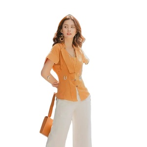 OEM Service Casual Women Tops Fashion Short Sleeve Solid Color Regular Turn-down Collar Blouses <b>T</b> <b>Shirt</b> Body Fit - Product Image 4