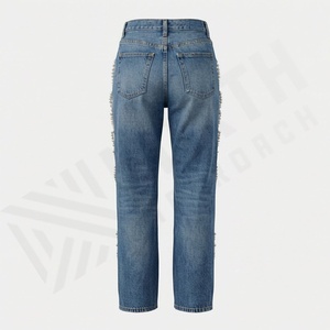 Pantalones Vaqueros de Mezclilla de Cintura Media de Alta Calidad para Mujer, Talla Grande, Estilo Recto, Rotos, con Cadena de Perlas, Diseño Ajustado, Ropa Casual de Calle - Product Image 2