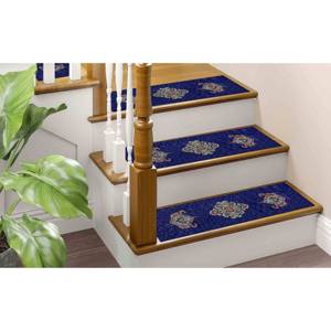 Alfombra Azul Estampada, Diseño Oushak Moderno, Decoración de Escaleras de Lujo Discreto, Goblen - Product Image 3