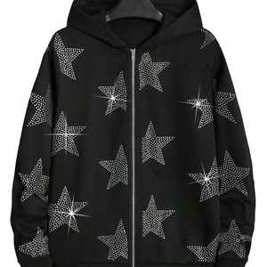 Fabricante de ropa Heavyweight Fleece Diamond Stars Hombres Sudaderas con capucha Oversized Sparkle Rhinestones Stars Hombres Sudaderas con cremallera - Product Image 1