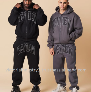 100% coton brodé sueur 2 pièces ensembles surdimensionné pleine fermeture éclair survêtement veste pantalon imprimé tendance bas prix grande taille hiver - Product Image 5