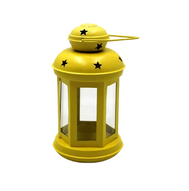 Elegante lanterna rotonda per PC in ferro/vetro giallo decorativo con portacandele per finestre per la decorazione della casa e del giardino