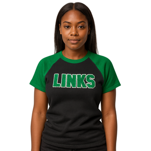 Camiseta negra de algodón The Links Incorporated con mangas raglán verdes Ropa personalizada de organización cívica y profesional negra - Product Image 1