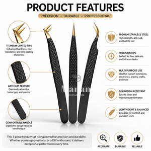 Juego de 3 Pinzas para Pestañas Negras y Doradas, Rectas, Curvas y en Forma de L, Herramientas Profesionales para Extensión de Pestañas - Product Image 3