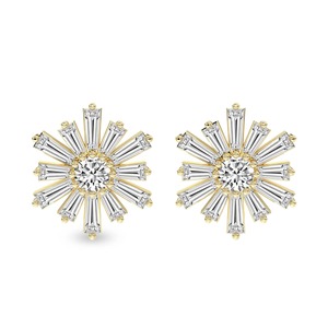 Boucles d'oreilles clous en diamant de laboratoire Radiant Flower 2 carats (2 ct) couleur F-G pureté VS 26 diamants or massif 14K éclat champ doré - Product Image 2