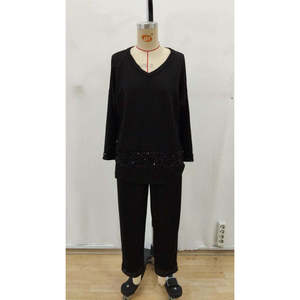 Women's Long-Sleeve V-Neck <b>Sequin</b> Viscose Two-Thread Blouse and <b>Pants</b> Set, 28418 - Black - Product Image 5