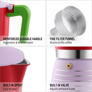 Nuevo Juego de <span class=keywords><strong>Cafetera</strong></span> Moka Colorida, <span class=keywords><strong>Cafetera</strong></span> Espresso para Estufa de 6 <span class=keywords><strong>Tazas</strong></span> y 300 ml con <span class=keywords><strong>2</strong></span> <span class=keywords><strong>Tazas</strong></span> de Vidrio, Diseño Italiano Moderno, Logotipo Personalizado - Product Image 4