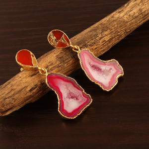 Boucles d'oreilles pendantes à la mode pour filles Dainty Design de fantaisie attrayant avec géode rose naturelle Druzy Cuivre Orange Jade Or Galvanoplastie - Product Image 4