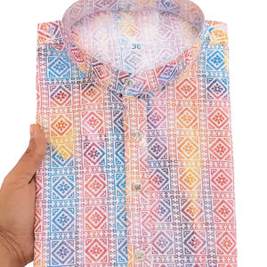 Mezcla de algodón Premium para hombre, Kurta, ligero, multicolor, estampado de bloques, abotonado para fiestas y ocasiones informales festivas - Product Image 1