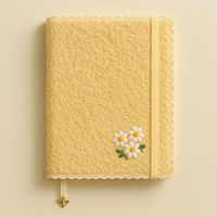 Carnet A5 en peluche douce jaune avec broderie de marguerite LABON, mignon et kawaii, avec breloque abeille, bande élastique et bordure en dentelle