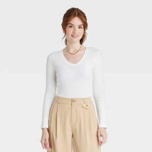 Maglietta a maniche lunghe con scollo a V da donna New Day, taglia M, bianca, in tessuto lavorato a maglia - Product Image 1