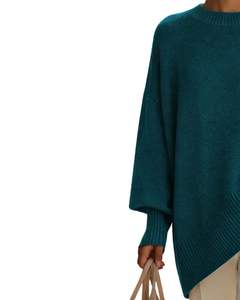 Customized Teal Green <b>Womens</b> <b>Oversized</b> Poncho Sweater Ribbed Crew Neck Batwing Sleeve Soft Knit Winter Pullover Fashion Top - Product Image 4