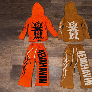 Custom Kids Solid Hooded Fleece Breathable Streetwear <b>Tracksuit</b> Set Orange Brown Zip Hoodie and Joggers Hip Hop Style Distressed - Product Image 3