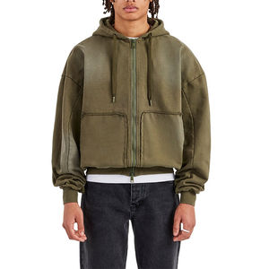 Sudadera con Capucha Extra Grande de Alta Calidad, Estilo Holgado, Desgastada, con Cierre, Lavada con Spray, Verde Lavado, con Bolsillo Tipo Canguro, Estilo Vintage para Hombre - Product Image 3