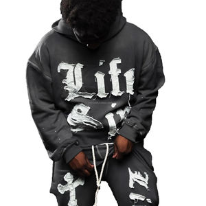 ชุดสเวตสูทผ้าฝ้ายเนื้อหนาปักลายใหม่สไตล์ OEM พร้อมฮู้ดปักลายแบบดิสเทรสสำหรับผู้ชาย - Product Image 2