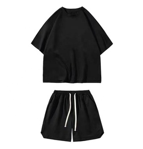 Venta al por mayor 100% algodón Jogger verano camiseta unisex señoras malla sudor pantalones cortos Conjunto 2 piezas mujeres ropa corta - Product Image 2