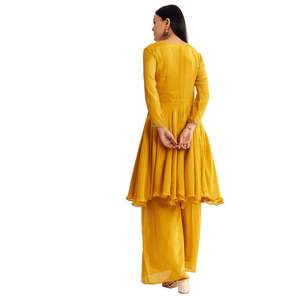Amarillo Chinon Zardosi Kurta Palazzo Traje Venta al por mayor Mujeres Ropa étnica OEM Fábrica de ropa Proveedor a granel Fabricante personalizado - Product Image 5