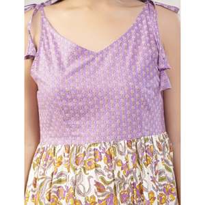 ชุดเดรสผ้าฝ้ายพิมพ์ลายสีขาวม่วงพร้อมสายคล้องไหล่ สไตล์ลำลอง ใส่ได้ทุกวัน ระบายอากาศได้ดี ไซส์ XS-6XL ยาวคลุมเท้า ช่วงเอวเข้ารูป - Product Image 2