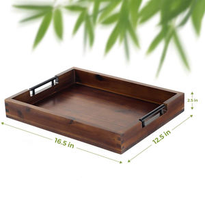 Plateau en bois d'acacia avec poignées en métal Plateau de service fait à la main pour le petit-déjeuner, la cuisine, l'hôtel, le restaurant ou la maison Présentoir de table ottoman - Product Image 4