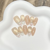 Moyen Ovale Nude Blush Crémeux Ivoire et Champagne Or Japonais Doux Fille Esthétique Porcelaine Pétales Acrylique Doigt Design