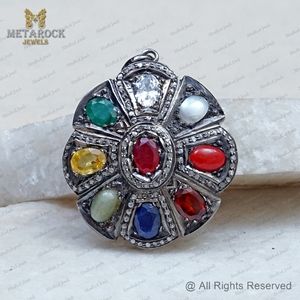 Diamant naturel taille rose oxydé 925 argent Navratna pendentif en pierres précieuses bijoux indiens fins en gros pendentif unisexe - Product Image 6