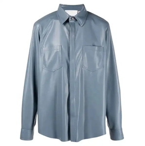 เสื้อเชิ้ตหนังแท้สีดำ แขนสั้น ปกคอปกแบบสั่งทำพิเศษ สำหรับฤดูใบไม้ผลิและฤดูใบไม้ร่วง ติดกระดุมหน้า มีกระเป๋าหน้าอก สำหรับผู้ชาย - Product Image 1