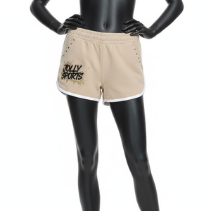 Shorts de sport pour femmes en coton et polyester French Terry 260 GSM, couleur beige, avec empiècements latéraux à clous et logo imprimé. - Product Image 6