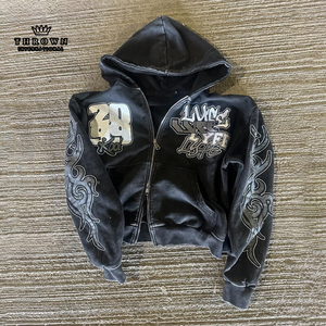 Derniers modèles de sweats à capuche oversize et courts en coton molletonné 100% écologique, lavage à l'acide, 180/200 GSM, noir et bleu pour l'hiver - Product Image 1