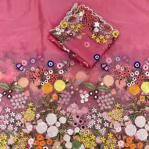 美丽的花卉重刺绣最畅销多色绣花线面料，适用于印度女装制作