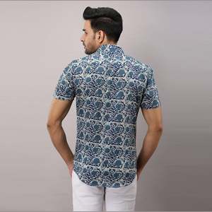 Chemise décontractée bleue à motifs floraux en coton pour hommes 100% coton col Mandarin à simple boutonnage anti-rides hiver automne ODM approvisionnement - Product Image 4