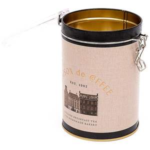 Diseño de textura de lino inspirado en café vintage Caja de metal redonda de Ø 105x150mm con cierre de alambre de capacidad de 1,1 L y tapa transparente - Product Image 2