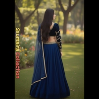 Ensemble 3 pièces de lehenga et crop top en velours bleu roi brodé et cousu, style Anarkali, pour tenue de soirée formelle, séchage rapide, collection 2025 – Vente en gros