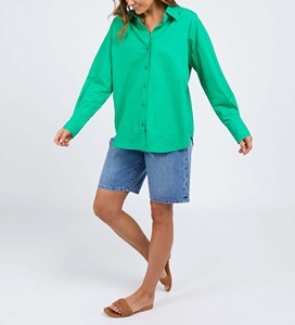 Light Green Casual Shirts Button Pointed Collar Long Sleeves Cuff <b>Drop</b> Shoulder <b>Back</b> Pleat Curved High Low Hem 100% Cotton - Product Image 4