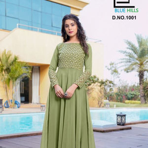 Longue robe pleine de style avec manches longues Georgette lourde avec séquence travail intérieur complet crêpe belle couleur robe de soirée - Product Image 1