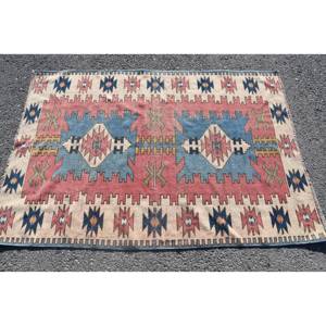 Alfombra Kilim turca Vintage, rojo, azul, 3,9x5,9 pies, diseño de retazos de estilo clásico, látex de lana para sala de estar, pasillo, rompecabezas de PP - Product Image 3