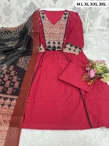 Ensemble Kurti en coton indien pour femmes, style A, avec poches des deux côtés, nouveau style, dupatta, pantalon, noir, georgette, en stock, sans impression - Product Image 3