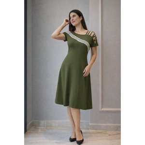 Vestido Midi de Viscosa con Rayas y Hombros Descubiertos de Manga Corta para Mujer, Estilo Casual en Línea A, de Jane's - Product Image 4